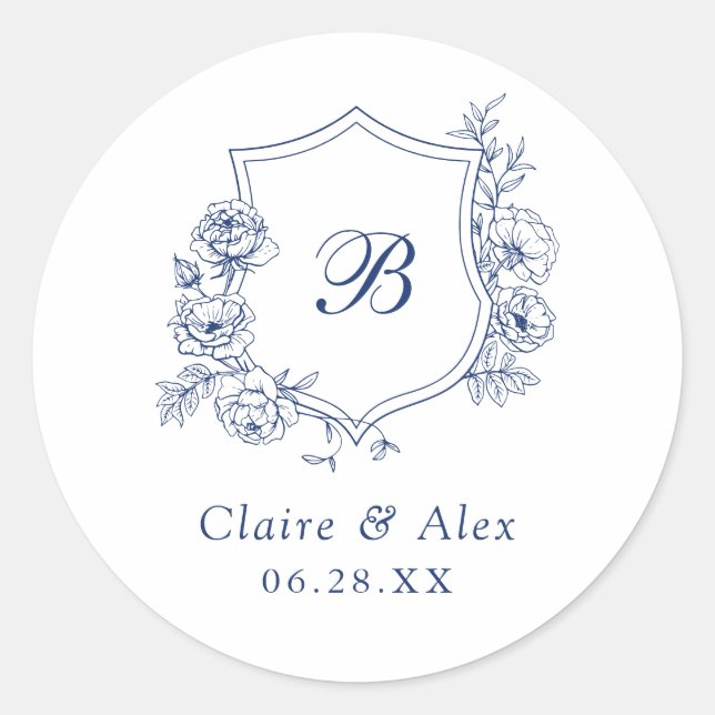 Sticker Rond Élégant Rose  Crest Mariage Monogramme (Devant)