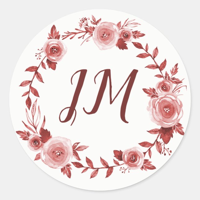 Sticker Rond Élégant Rose de Bourgogne Mariage de monogramme de (Devant)