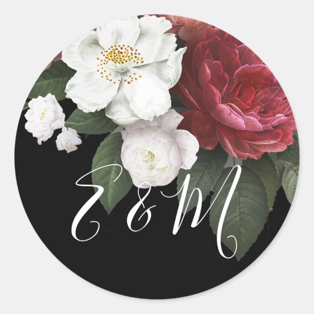 Sticker Rond Élégant Rose de Bourgogne Mariage Monogram (Devant)