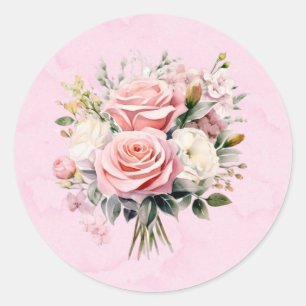 Sticker Rond Elégant Rose de couleur rose Mariage Bouquet