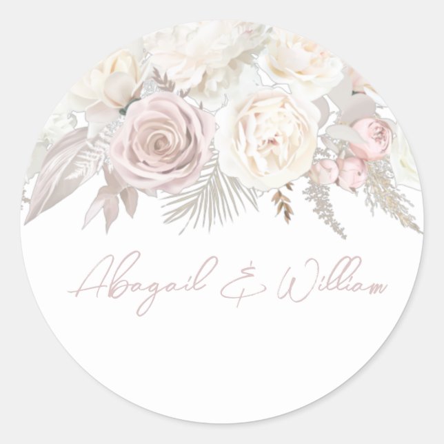 Sticker Rond Elégant Rose Dusty & Mariage Floral blanc ivoire (Devant)