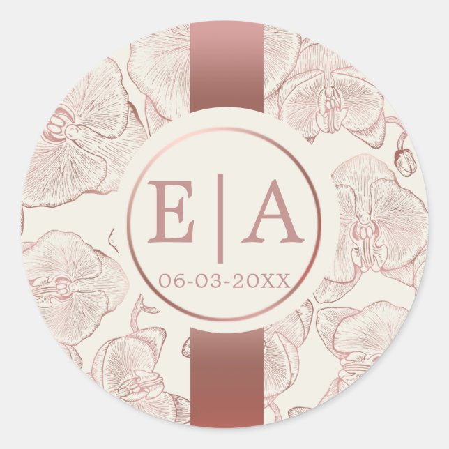 Sticker Rond Élégant Rose Dusty Mariage orchidée Monogram (Devant)