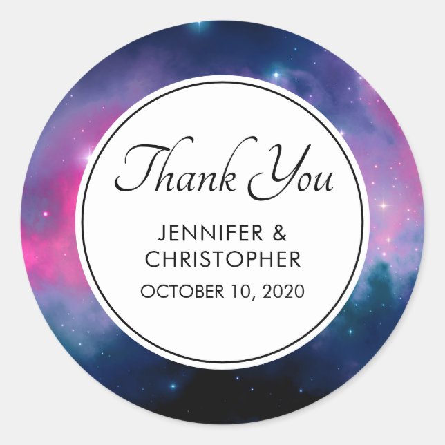 Sticker Rond Élégant rose et bleu Galaxy Etoiles Mariage Abstra (Devant)