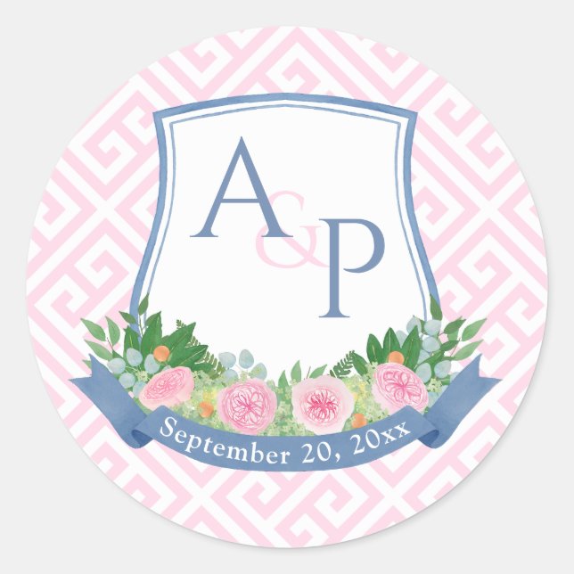 Sticker Rond Élégant Rose Et Marine Monogram Mariage Crest Favo (Devant)