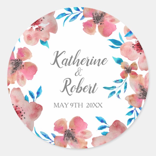 Sticker Rond Elégant rose Fleurs Aquarelle (Devant)