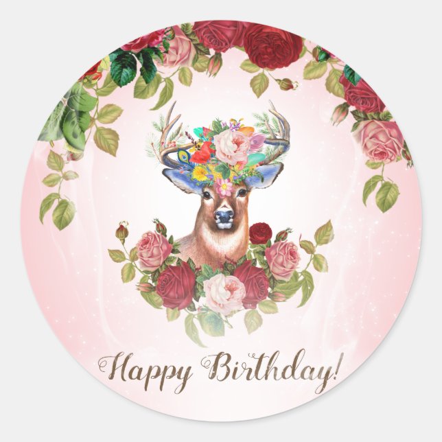 Sticker Rond Élégant Rose floral doux et rose Cher anniversaire (Devant)
