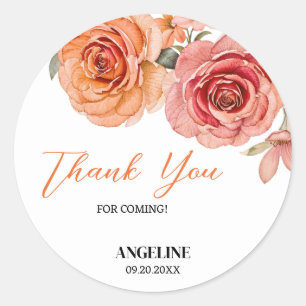 Sticker Rond Elégant Rose Floral Rouge Orange Anniversaire Merc