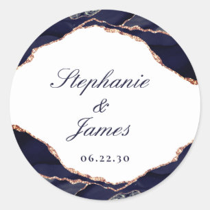 Sticker Rond Élégant Rose Gold Foil Bleu Nuit Agate Mariage