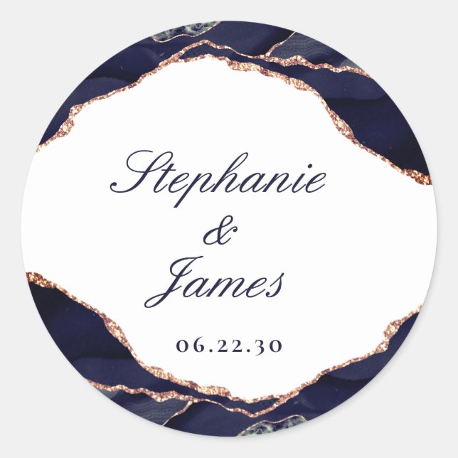 Sticker Rond Elégant Rose Gold Foil Marine Blue Agate Mariage (Devant)