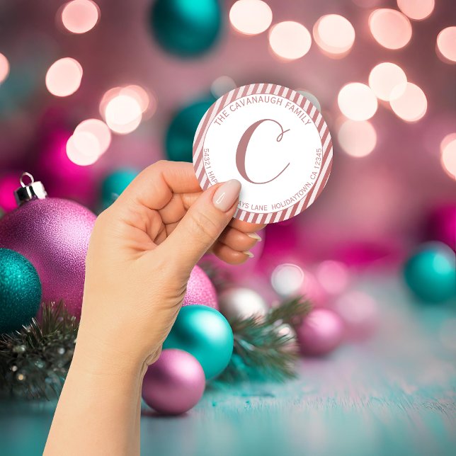 Sticker Rond Élégant Rose Gold Foil Stripe Monogramme Adresse (Elegant Rose Gold Foil Stripe Monogram Address Classic Round Sticker)