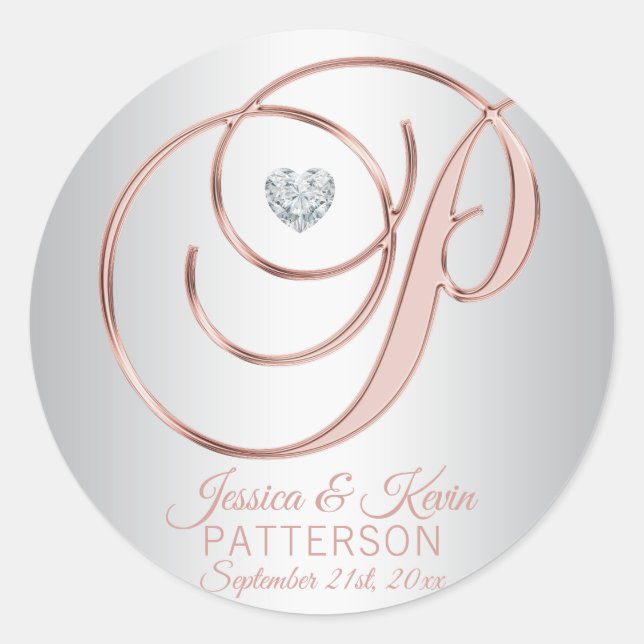 Sticker Rond Elégant Rose gris argent personnalisé Mariage or (Devant)