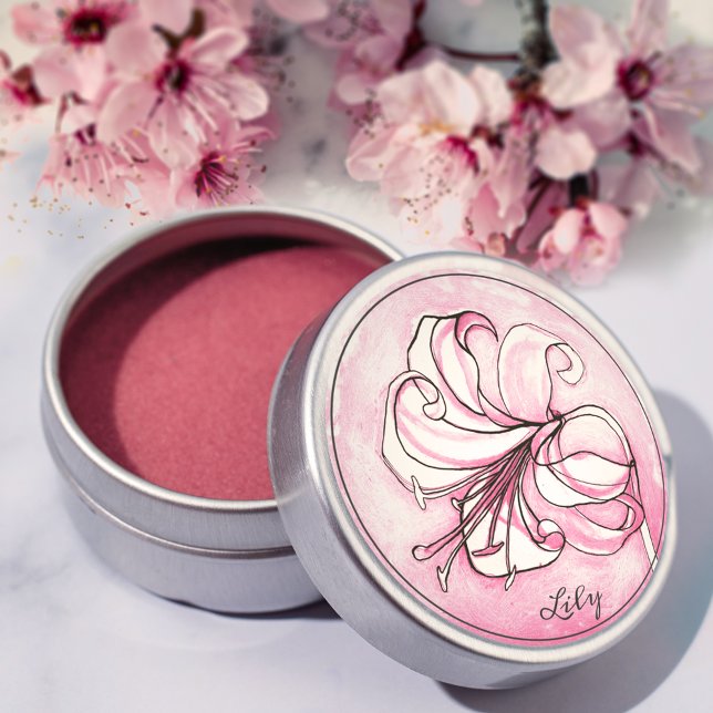 Sticker Rond Elégant rose Lily Aquarelle Nom personnalisé (Créateur téléchargé)