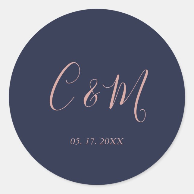 Sticker Rond Élégant Rose Monogram Mariage de marine (Devant)