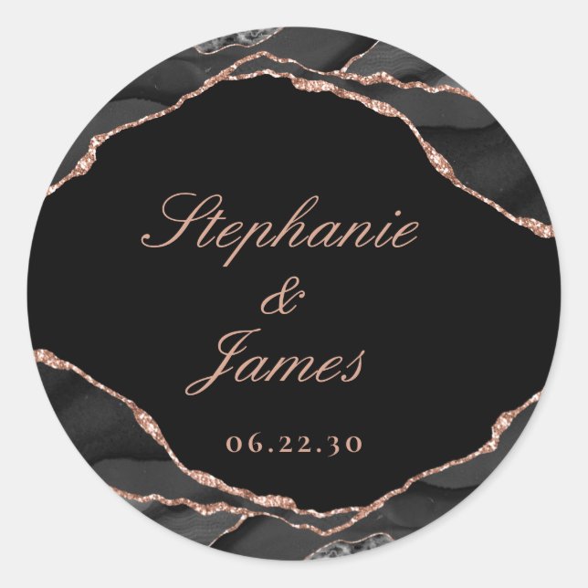 Sticker Rond Élégant Rose noir Gold Foil Mariage Agate (Devant)