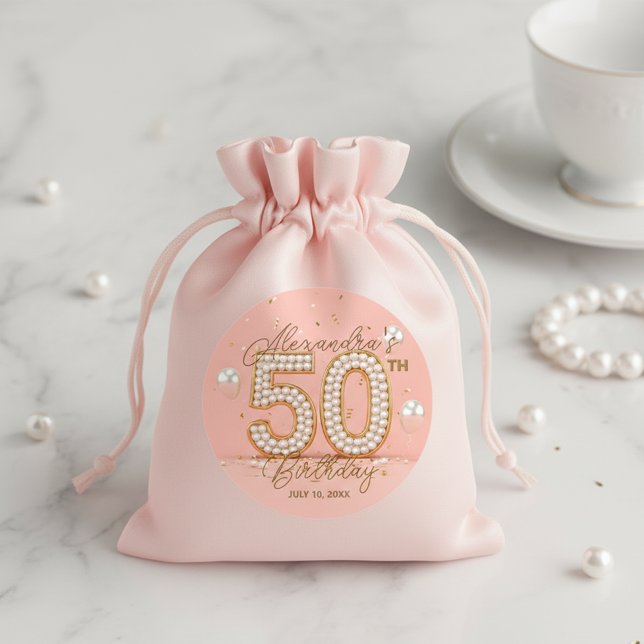 Sticker Rond Elégant Rose Pâle Doré Perlé 50e Anniversaire (Créateur téléchargé)