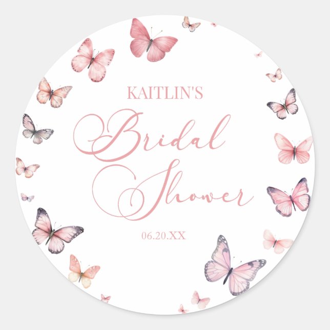 Sticker Rond Élégant Rose Pâle Papillon Baby Shower de Mariée  (Devant)
