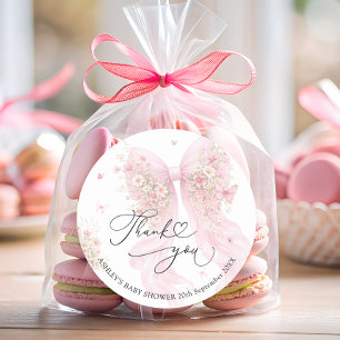 Sticker Rond Élégant Rose Pâle Ruban Remerciements Baby Shower