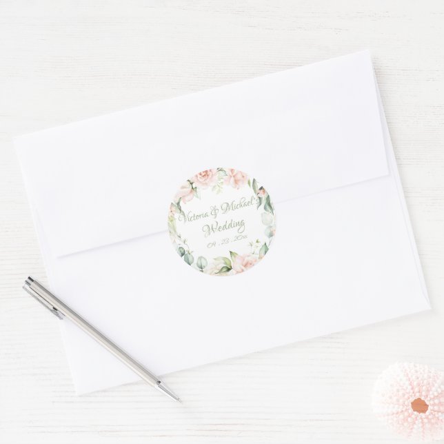 Sticker Rond Élégant rose & Pastel Vert Mariage floral (Enveloppe)
