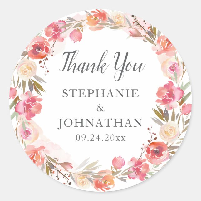 Sticker Rond Elegant Rose Pêche Florale Aquarelle Merci (Devant)