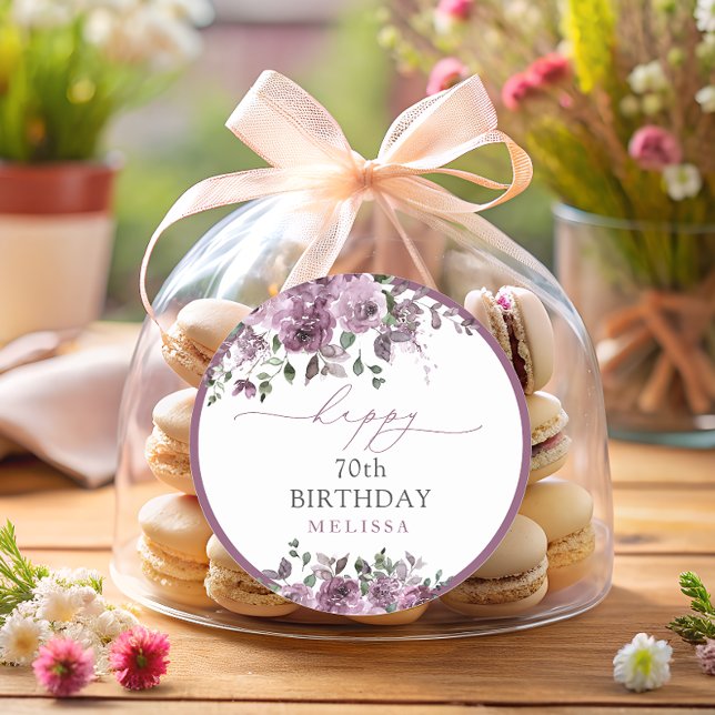 Sticker Rond Élégant Rose pourpre n'importe quel âge fête d'ann (Créateur téléchargé)