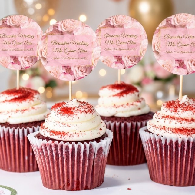 Sticker Rond Elégant Rose Rose Or Floral Quinceañera (Créateur téléchargé)