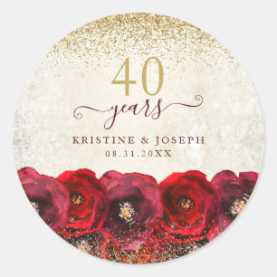 Sticker Rond Élégant Rose Rouge Floral Or 40e Anniversaire