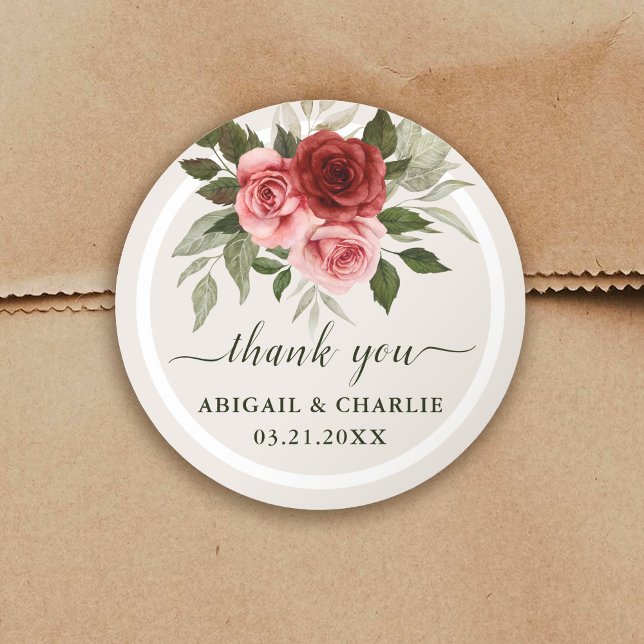 Sticker Rond Elégant Roses aquarelle Merci Mariage naturel (Créateur téléchargé)