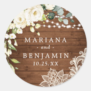 Sticker Rond Elégant Roses Blanches Dentelle Mariage en bois ru