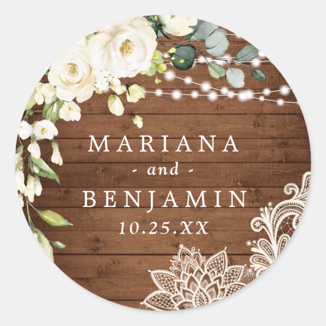 Sticker Rond Elégant Roses Blanches Dentelle Mariage en bois ru (Devant)