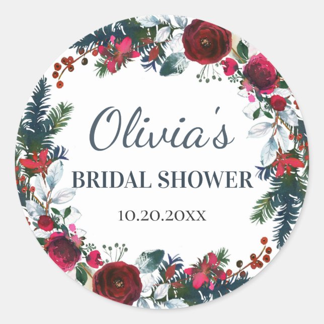 Sticker Rond Élégant Roses de Bourgogne d'Hiver Floral BRIDAL S (Devant)