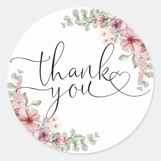 Sticker Rond Elegant Roses Floral Heart Script Merci (Devant)