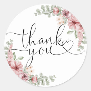 Sticker Rond Elegant Roses Floral Heart Script Merci