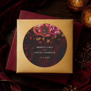 Sticker Rond Elégant rouge noir floral Mariage romantique moody
