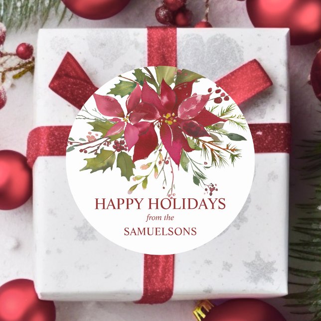 Sticker Rond Élégant Rouge Poinsettia Noël Joyeux Fêtes (Watercolor Red Poinsettia Christmas Happy Holidays Classic Round Sticker)