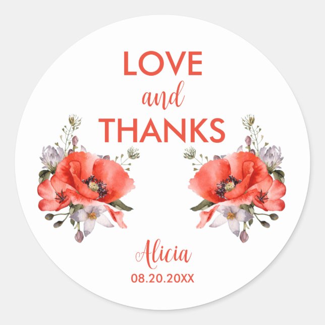 Sticker Rond Elégant Rouge Poppy Verdure Amour & Merci (Devant)