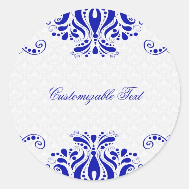 Sticker Rond Elégant Royal Blue Floral dentelle 2 et Damas blan (Devant)