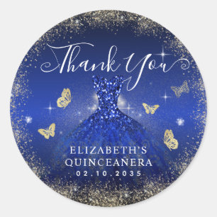 Sticker Rond Elégant Royal Blue Gold Gown Quinceañera Merci