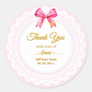 Sticker Rond Élégant Ruban en Dentelle Rose "Merci avec beaucou