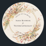 Sticker Rond Elégant Rustic Fall Beige Mariage Merci Favoriser<br><div class="desc">Cet élégant Mariage Rustique de Chute Beige Favor Classic Rond Sticker design dispose d'une palette de base neutre intemporelle de beige et d'or avec des ornements délicatement muet colorés de branches dorées et de belles florales d'automne avec des feuilles en rouge, cuivre, rose poussiéreux, orange brûlé, terre cuite, et la...</div>