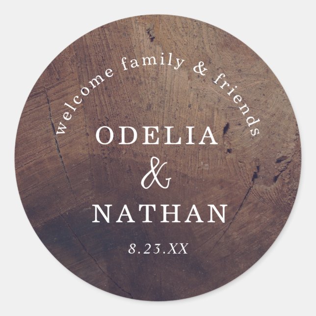 Sticker Rond Elegant Rustic Wood Grain Texture Arched Wedding (Devant)