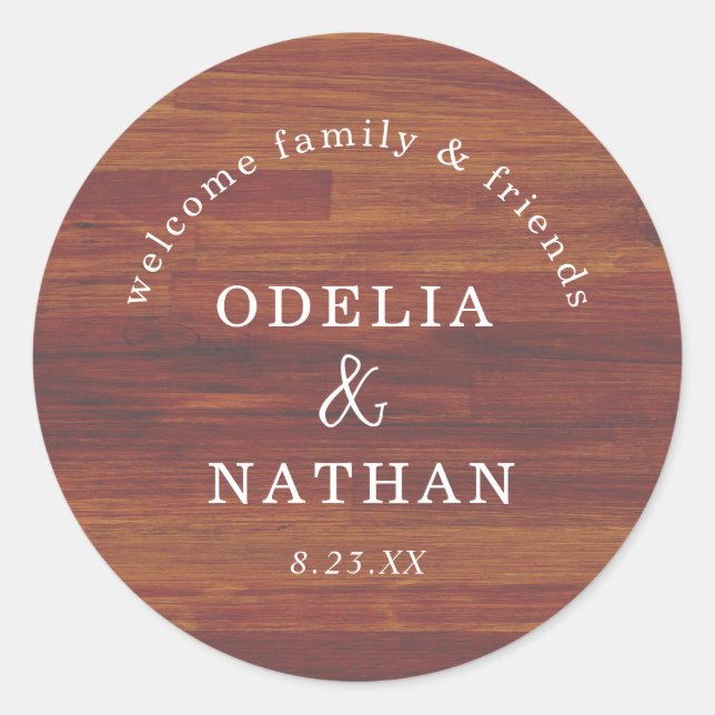 Sticker Rond Elegant Rustic Wood Grain Texture Arched Wedding (Devant)