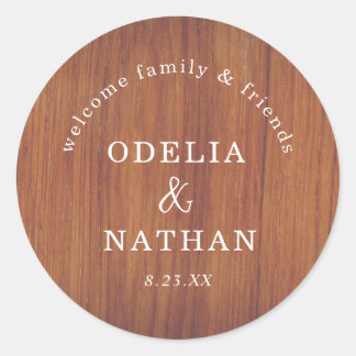 Sticker Rond Elegant Rustic Wood Grain Texture Arched Wedding