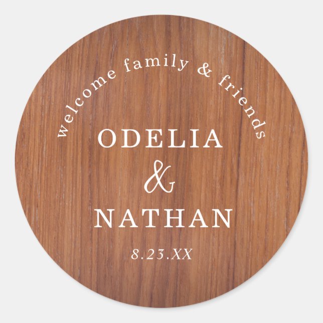 Sticker Rond Elegant Rustic Wood Grain Texture Arched Wedding (Devant)