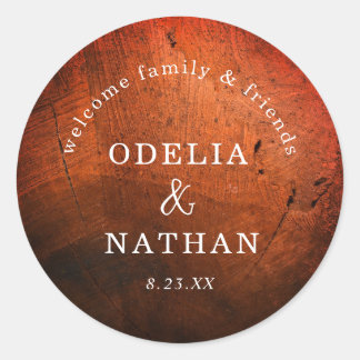 Sticker Rond Elegant Rustic Wood Grain Texture Arched Wedding