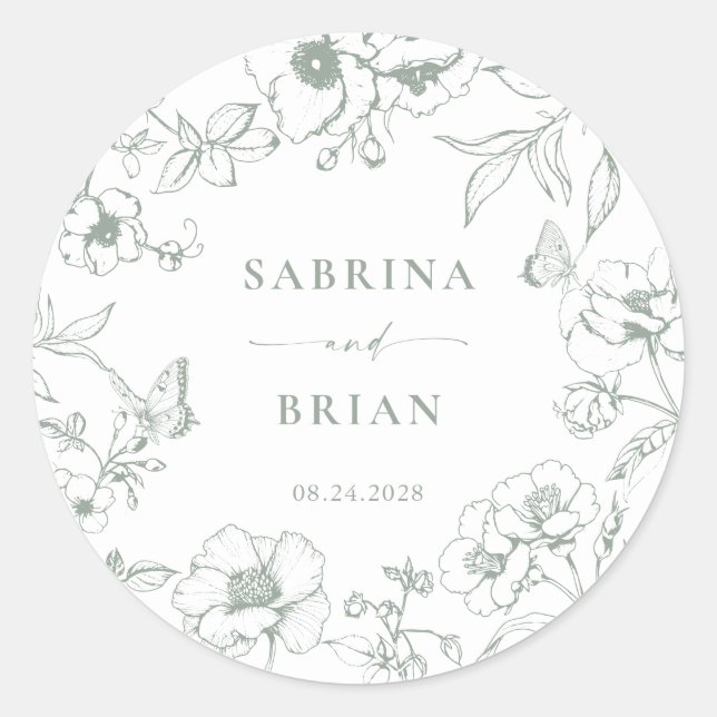 Sticker Rond Élégant Sage Green Classic Floral Mariage (Devant)