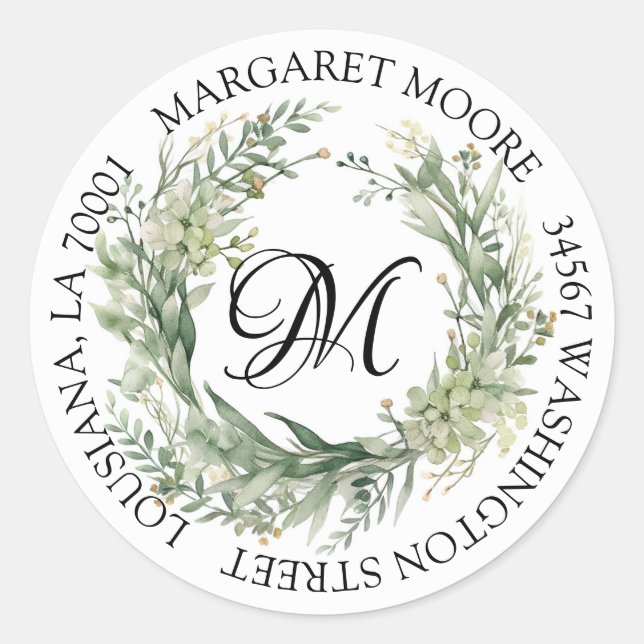 Sticker Rond Élégant Sage Green Floral Script Monogramme Adress (Devant)