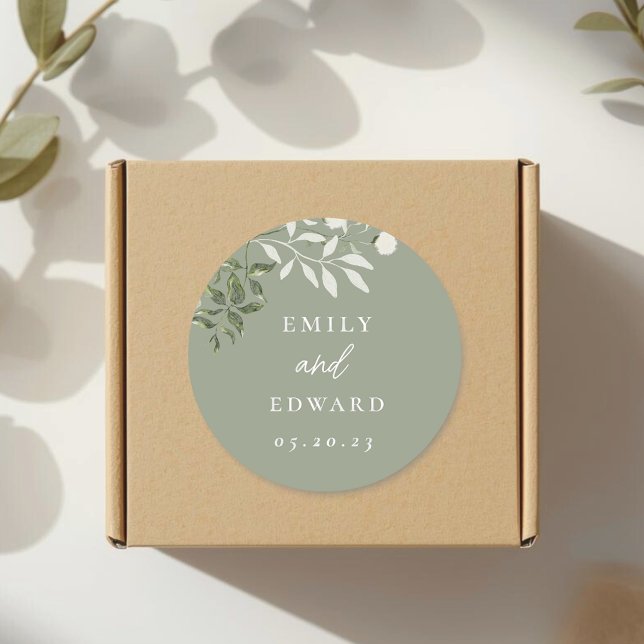 Sticker Rond Elegant Sage Greenery Wedding Envelope (Créateur téléchargé)