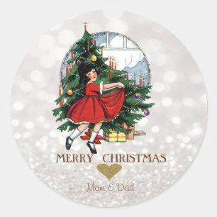 Sticker Rond Elégant sapin de Noël Petite fille Bokeh