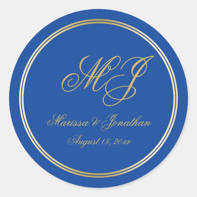 Sticker Rond Élégant Sapphire Blue Gold Monogram Mariage Script (Devant)