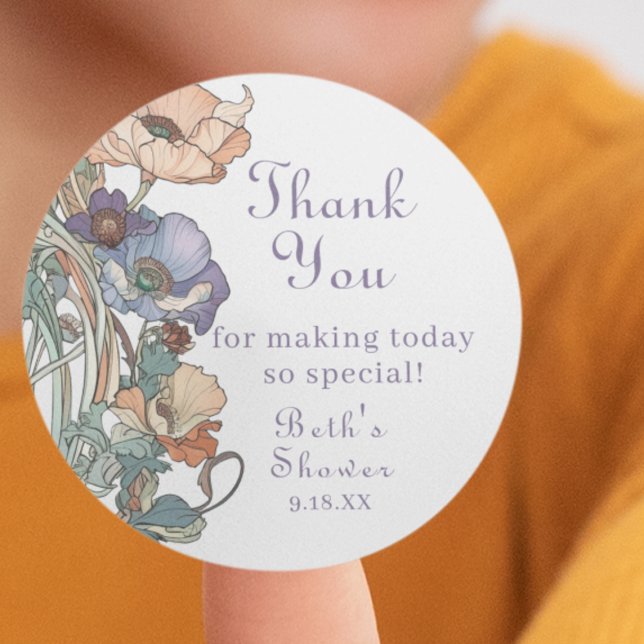 Sticker Rond Élégant Saumon violet et des pavots, Merci (Express heartfelt gratitude with our elegant Boho Poppies Thank You Sticker. Perfect for showers.)